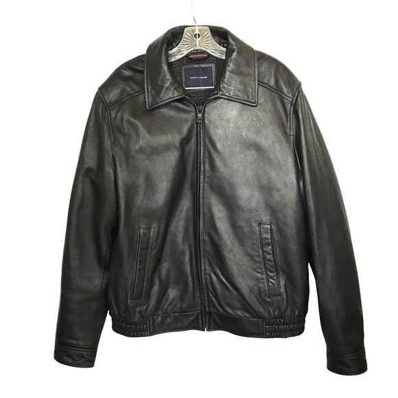 Tommy Hilfiger Mens Black Leather Jacket Size L - Picture 1 of 13
